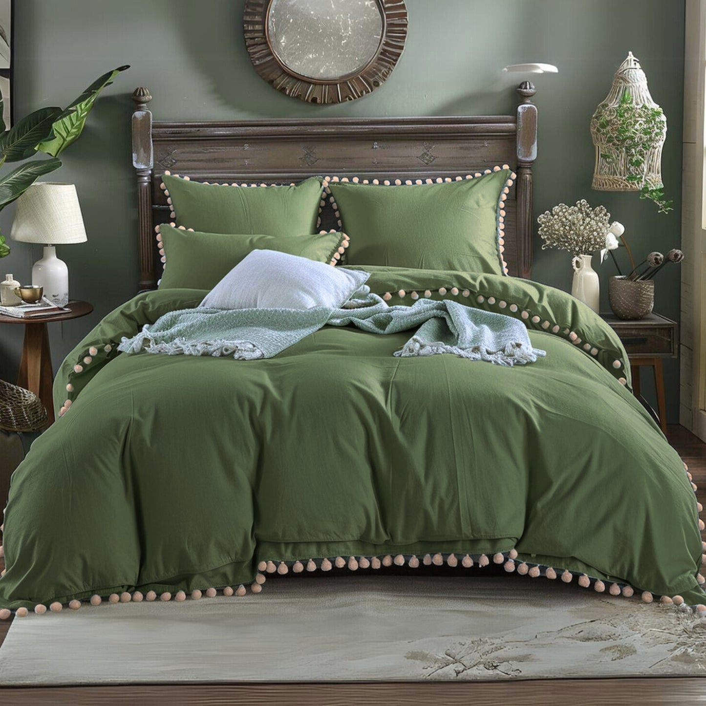 Funda duvet liso color verde militar - Borlas beige