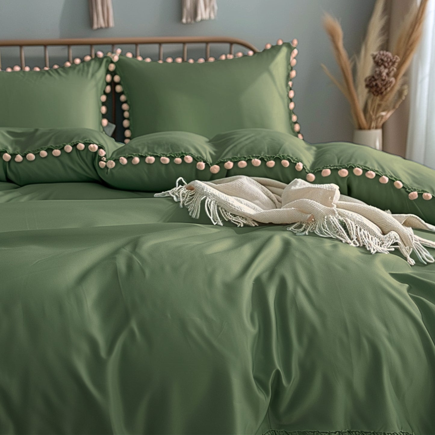 Funda duvet liso color verde militar - Borlas beige