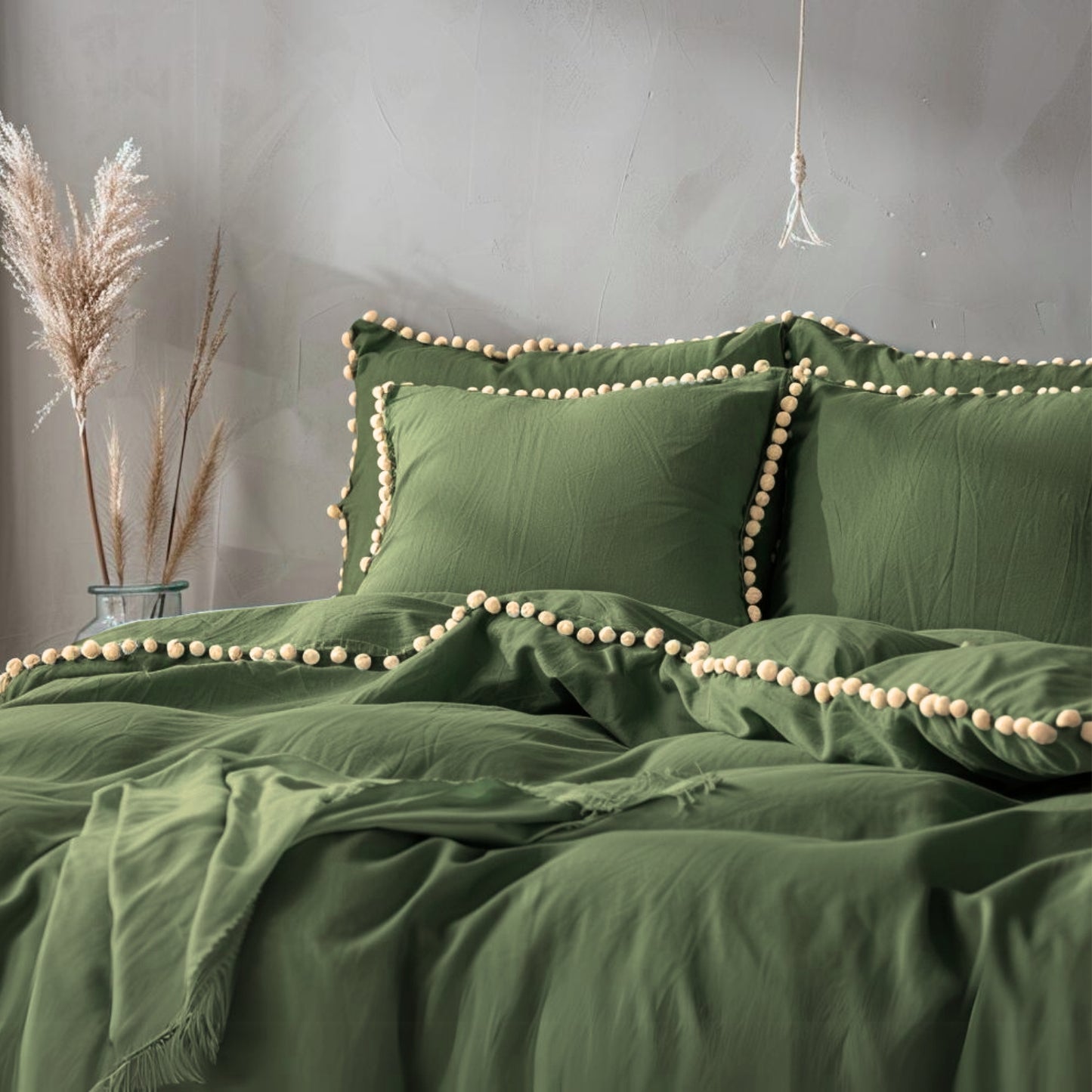 Funda duvet liso color verde militar - Borlas beige