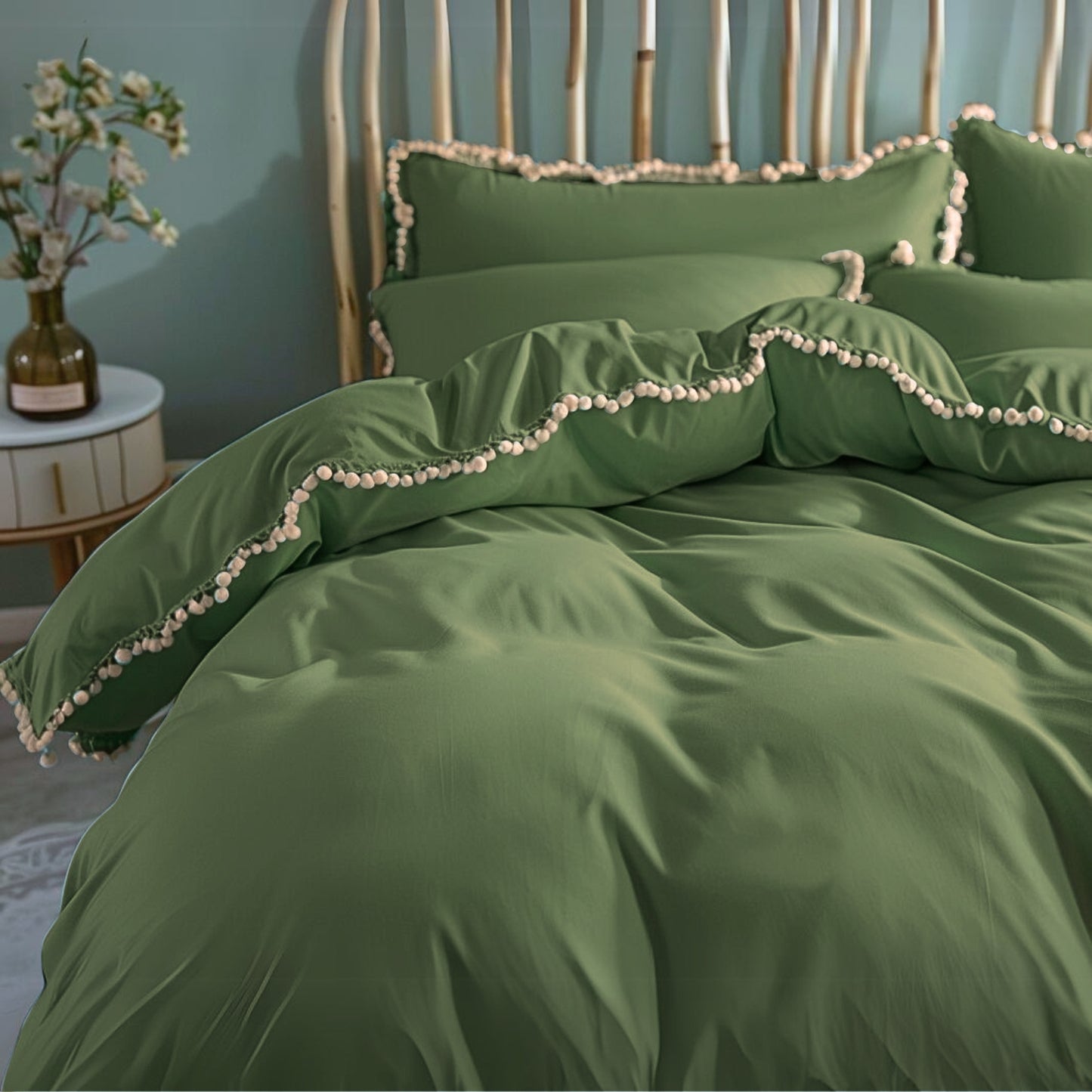 Funda duvet liso color verde militar - Borlas beige