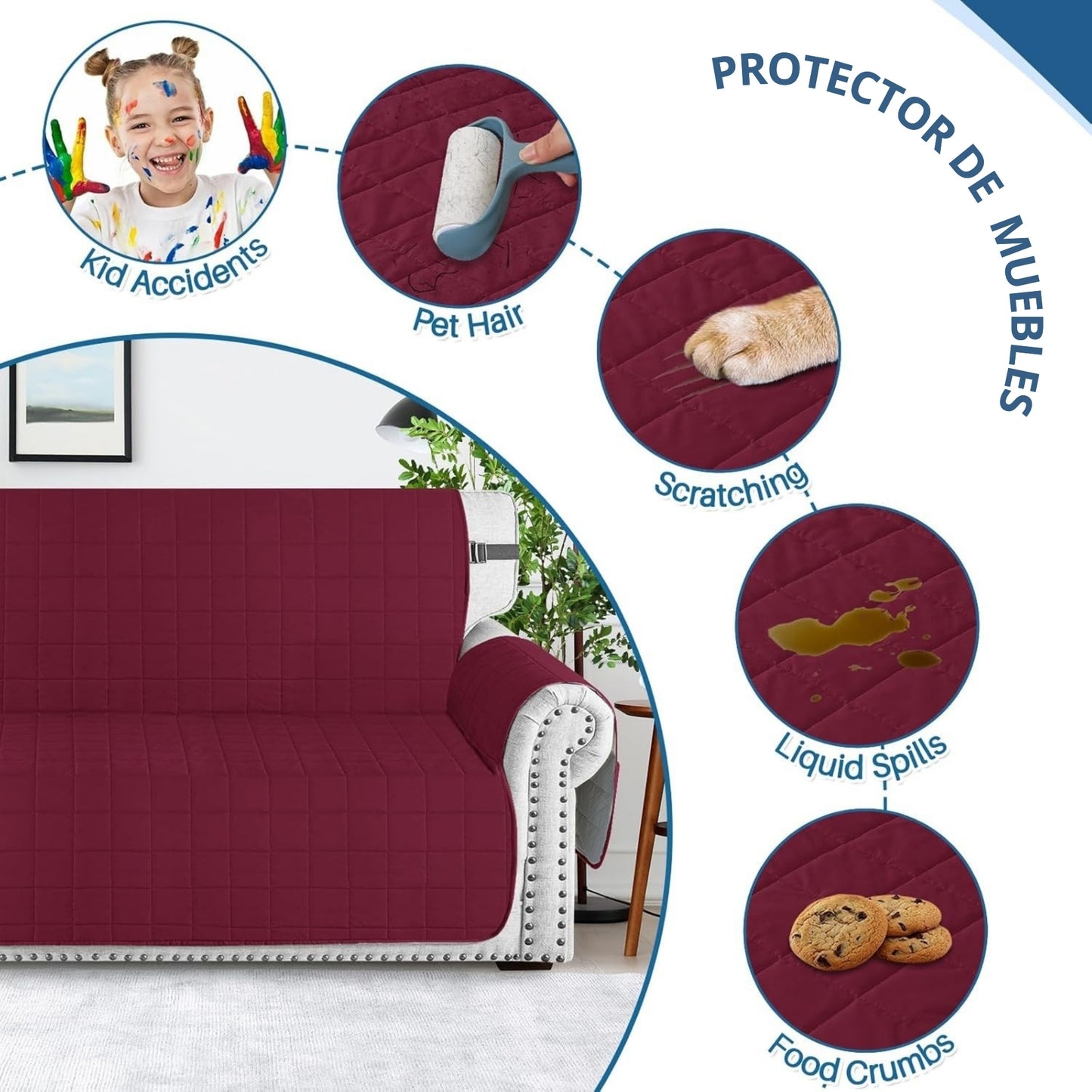 Protector de sofá acolchado doble faz vino tinto-gris