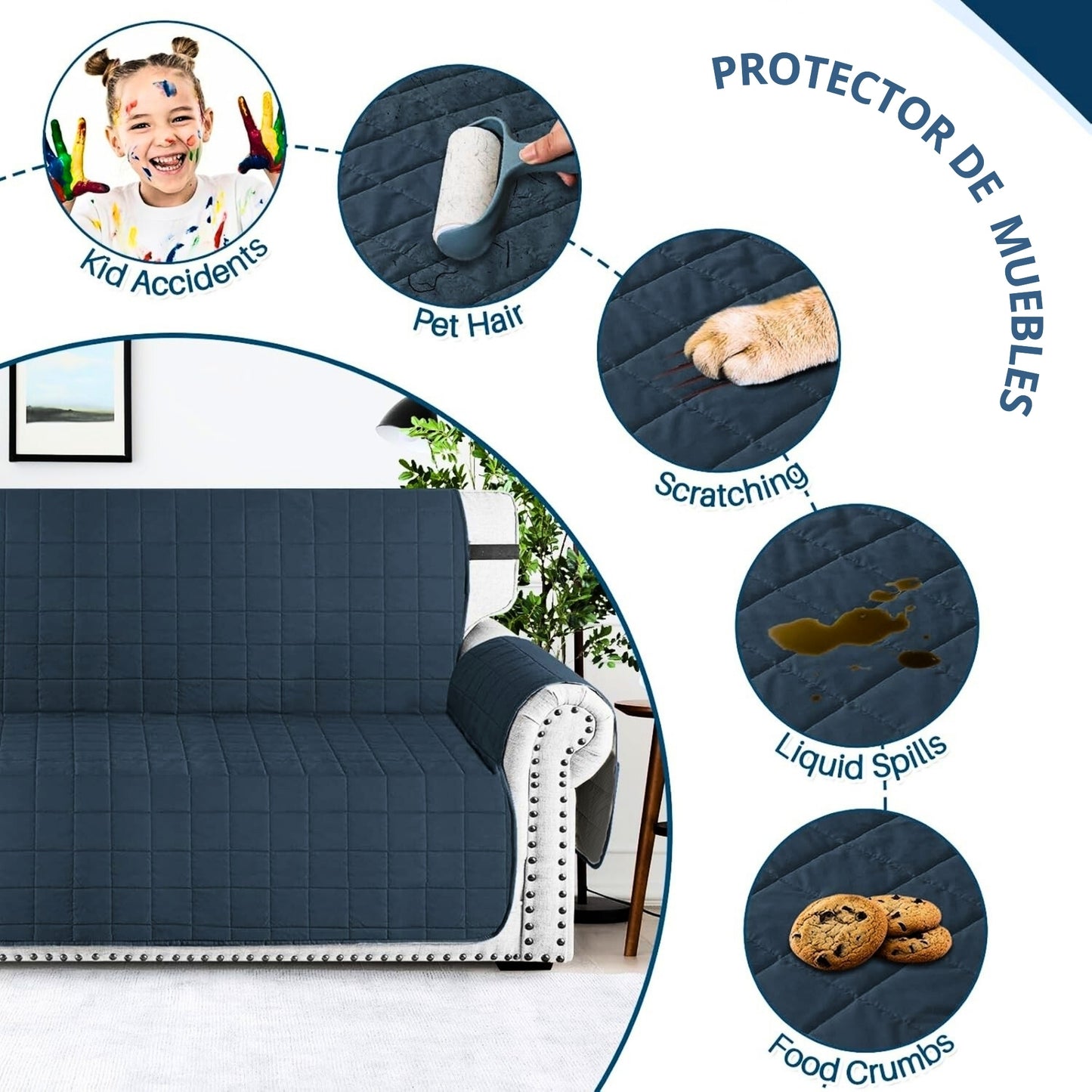 Protector de sofá acolchado doble faz azul-gris