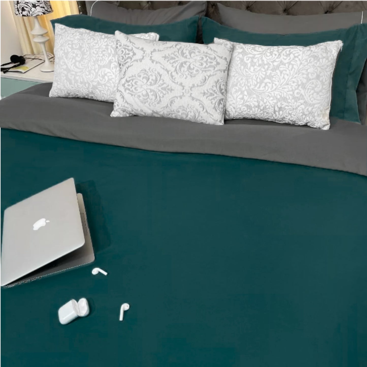 Funda duvet unicolor doble faz Verde bosque-Gris