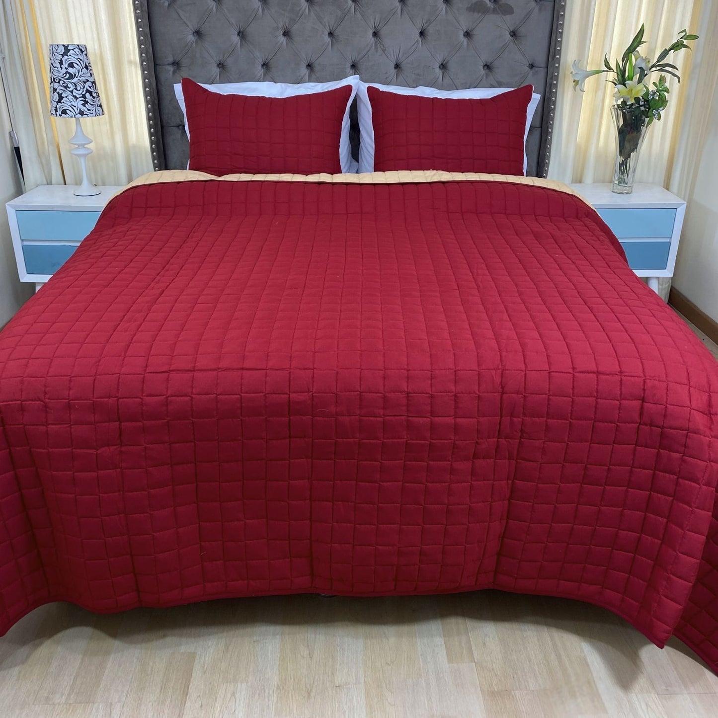 Edredón quilt doble faz vinotinto-camel