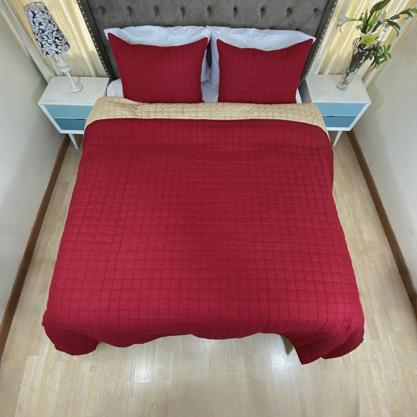 Edredón quilt doble faz vinotinto-camel