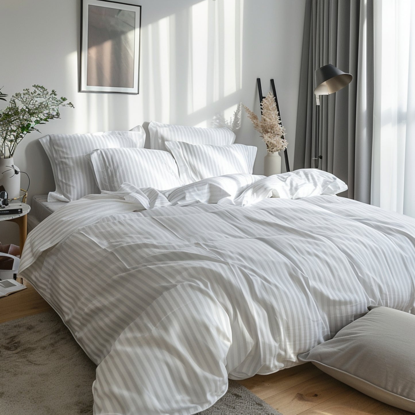 Combo Funda Duvet Sateen Rayas + Juego de sábana + Plumón color Blanco