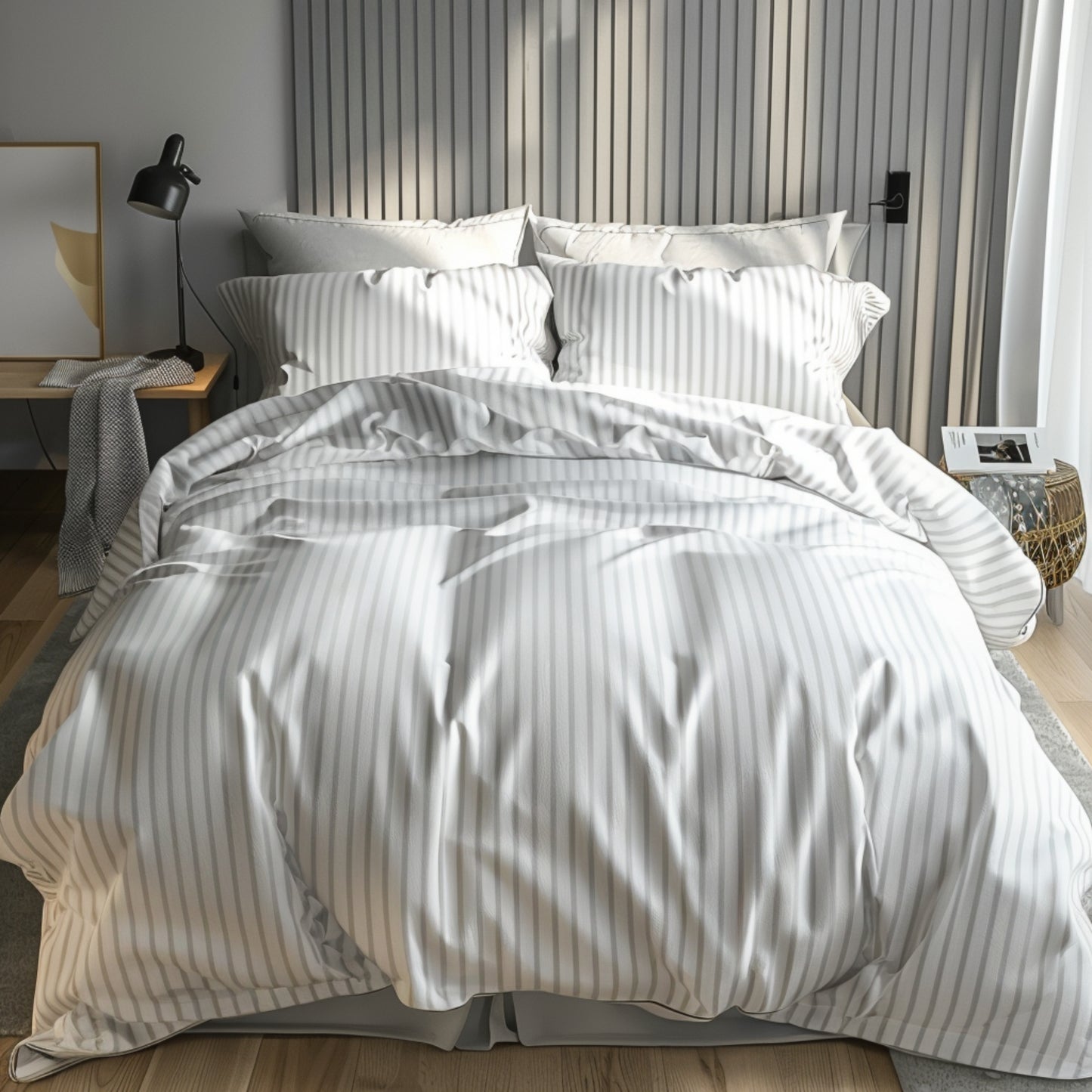 Combo Funda Duvet Sateen Rayas + Juego de sábana + Plumón color Blanco