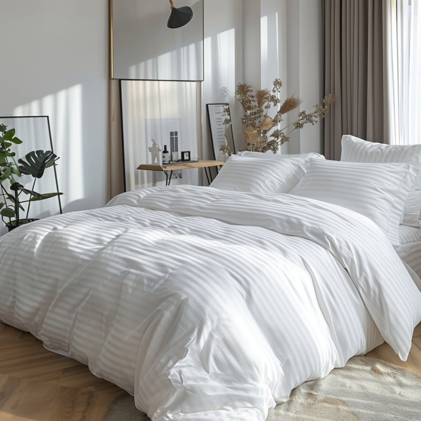 Combo Funda Duvet Sateen Rayas + Juego de sábana + Plumón color Blanco