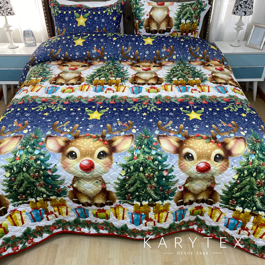 Edredón Navidad BAMBY doble faz con unicolor AZUL. Incluye funda(s) de almohadones decorativos