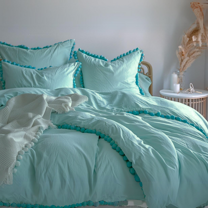 Funda duvet liso color Azul agua - Borlas turqueza