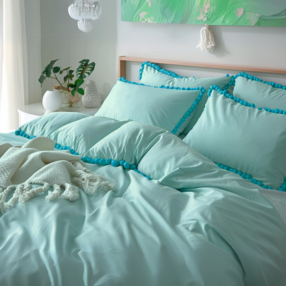 Funda duvet liso color Azul agua - Borlas turqueza