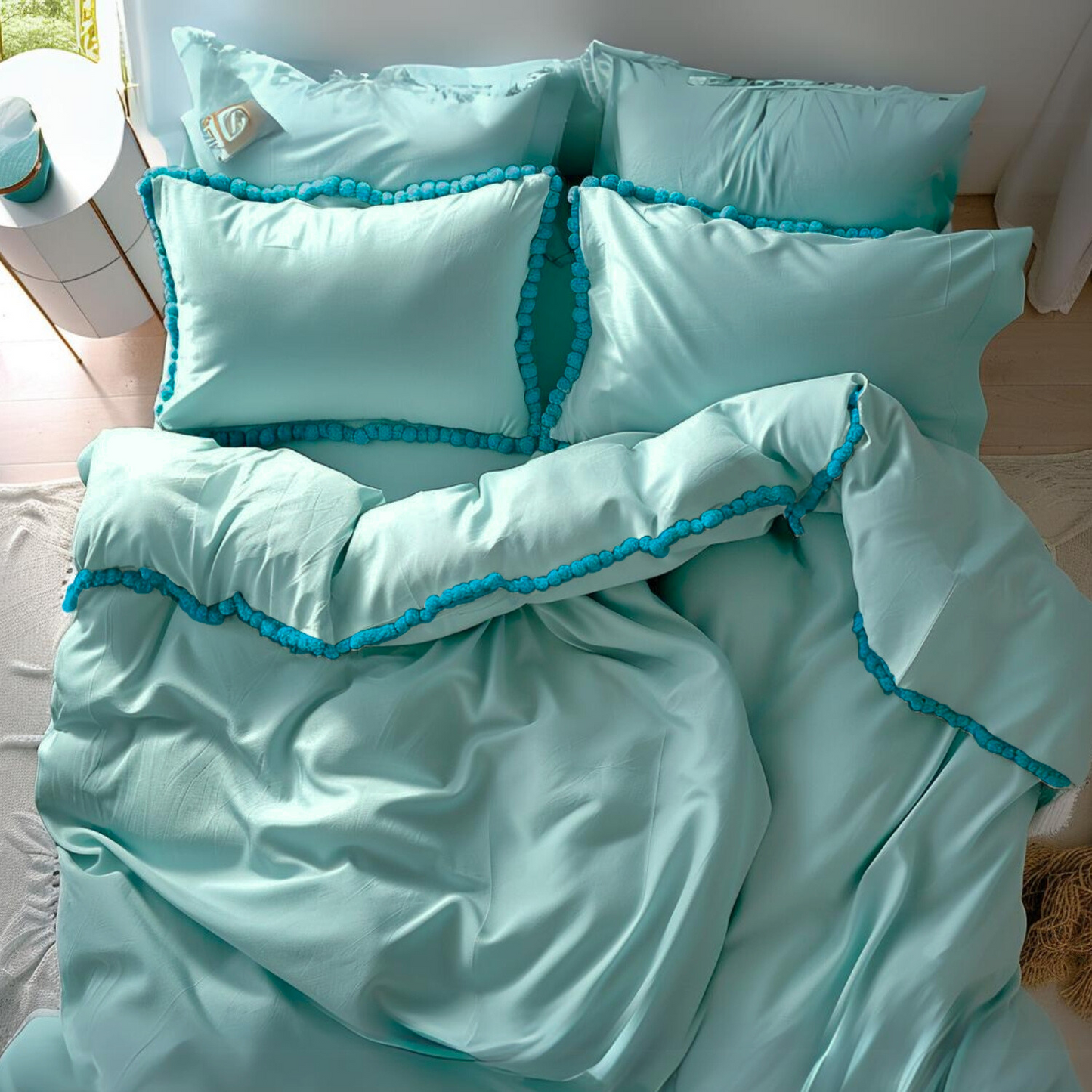 Funda duvet liso color Azul agua - Borlas turqueza