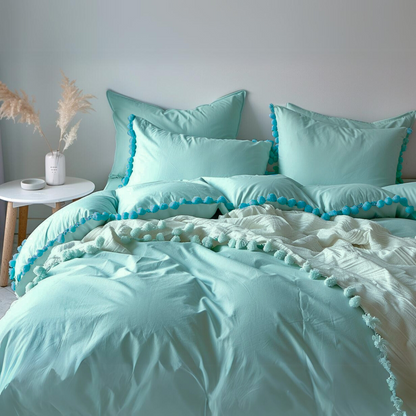 Funda duvet liso color Azul agua - Borlas turqueza