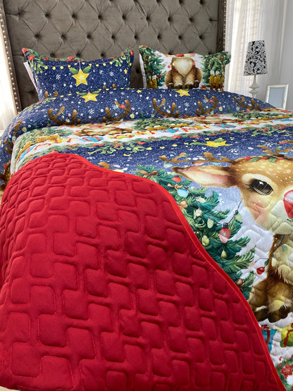 Edredón Navidad BAMBY doble faz con unicolor ROJO, Incluye funda(s) de almohadones decorativos