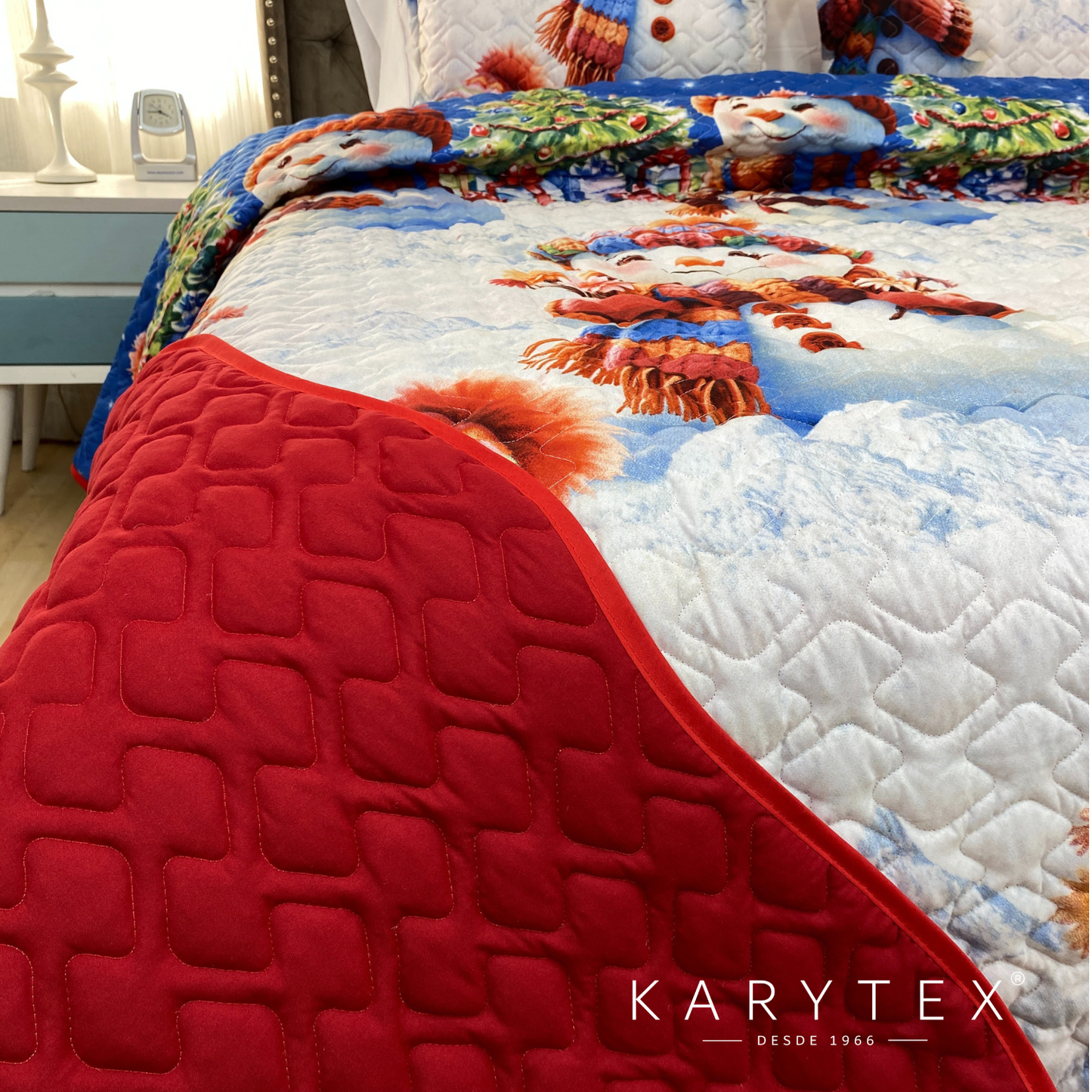 Edredón Navidad MUÑECO DE NIEVE doble faz con unicolor ROJO. Incluye funda(s) de almohadones decorativos (Copia) (Copia)