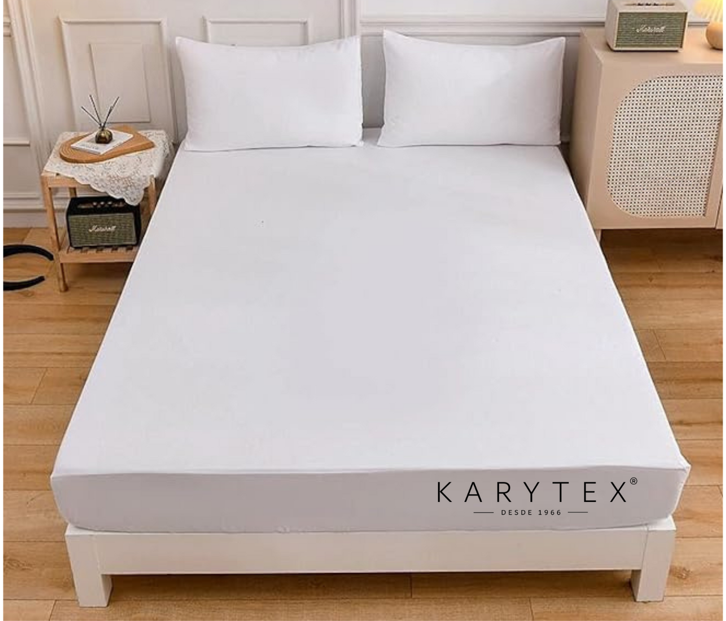 Semijuego sábana ajustable + fundas en genero 180 hilos blanco