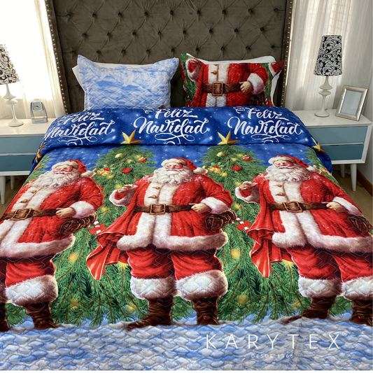 Edredón Navidad SANTA CLAUS doble faz con unicolor AZUL. Incluye funda(s) de almohadones decorativos (Copia)