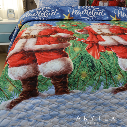 Edredón Navidad SANTA CLAUS doble faz con unicolor AZUL. Incluye funda(s) de almohadones decorativos (Copia)