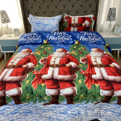 Edredón Navidad SANTA CLAUS doble faz con unicolor AZUL. Incluye funda(s) de almohadones decorativos (Copia)